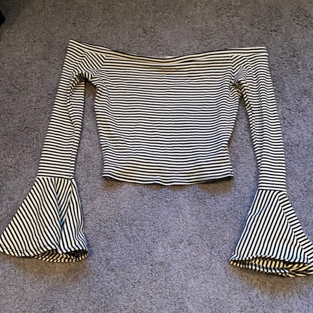 Black and white striped off the shoulder flared arms crop top shirt